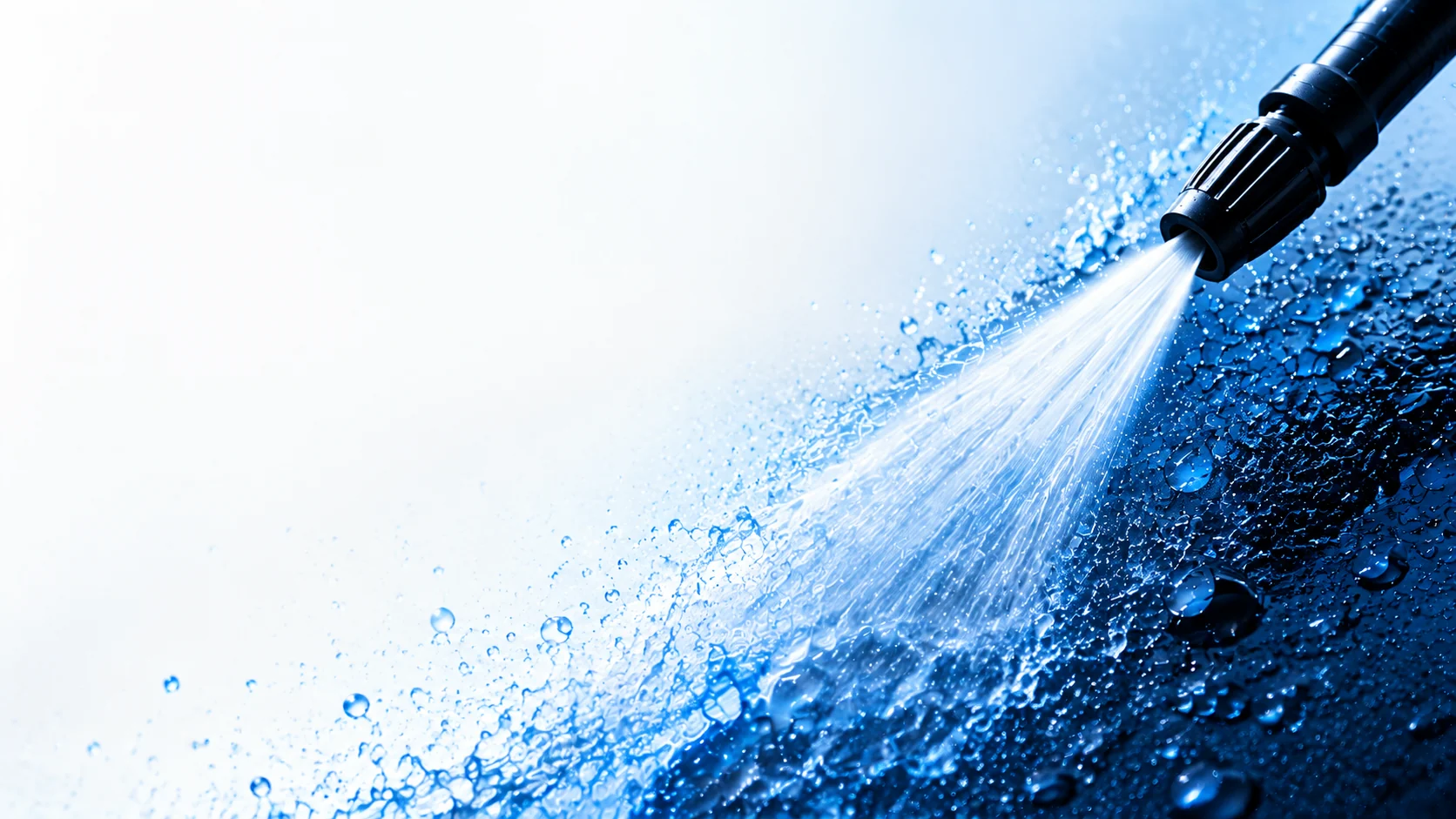 Illustration of a pressure-washer nozzle spraying water across a blue surface.