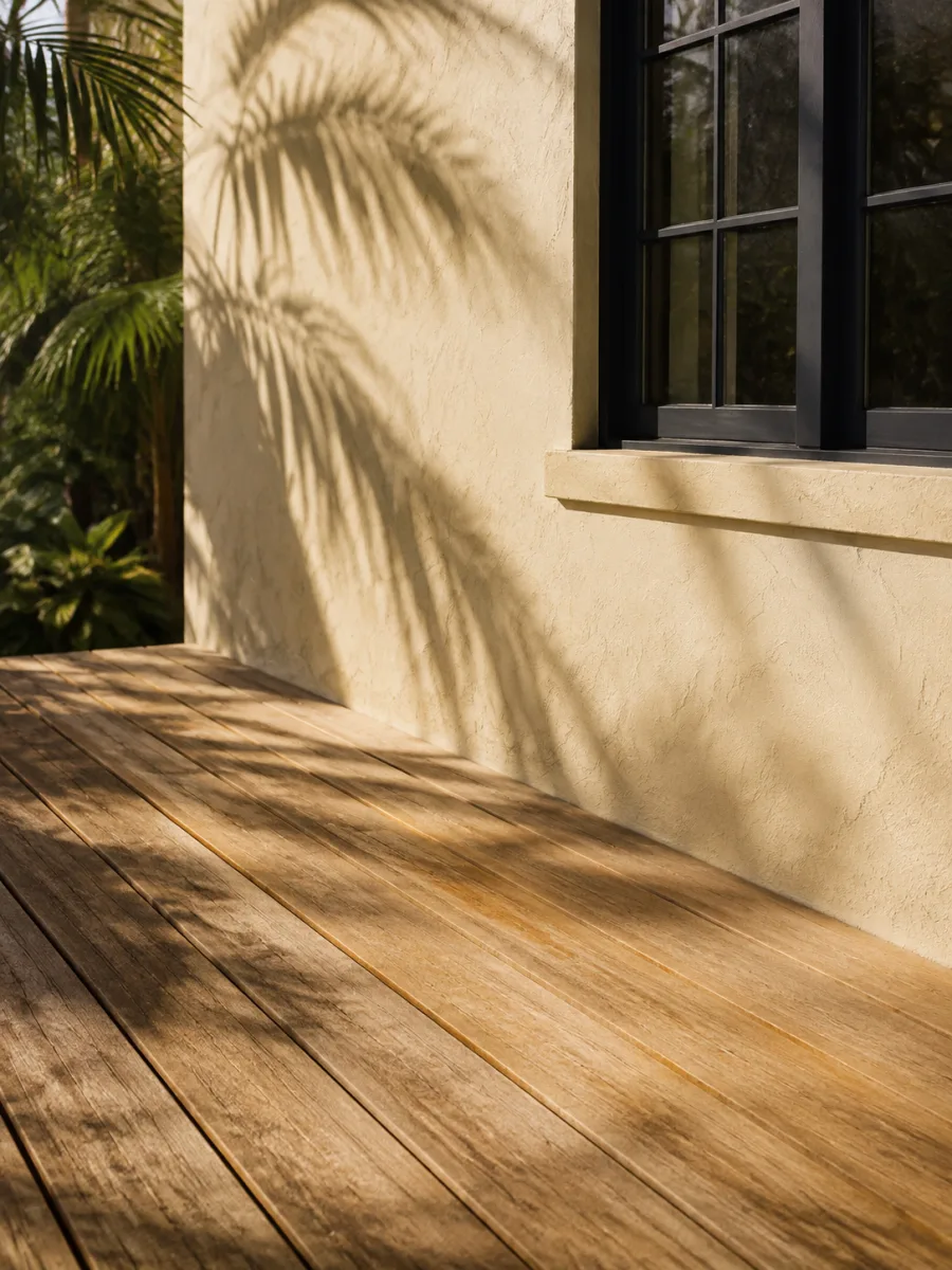 Illustration of a sunlit wooden deck.